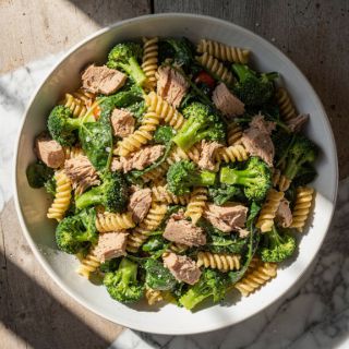 Tuna, Broccoli and Kale Caesar Pasta Salad