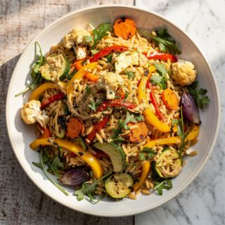 Roasted Vegetable Orzo Salad (With hummus dressing!)