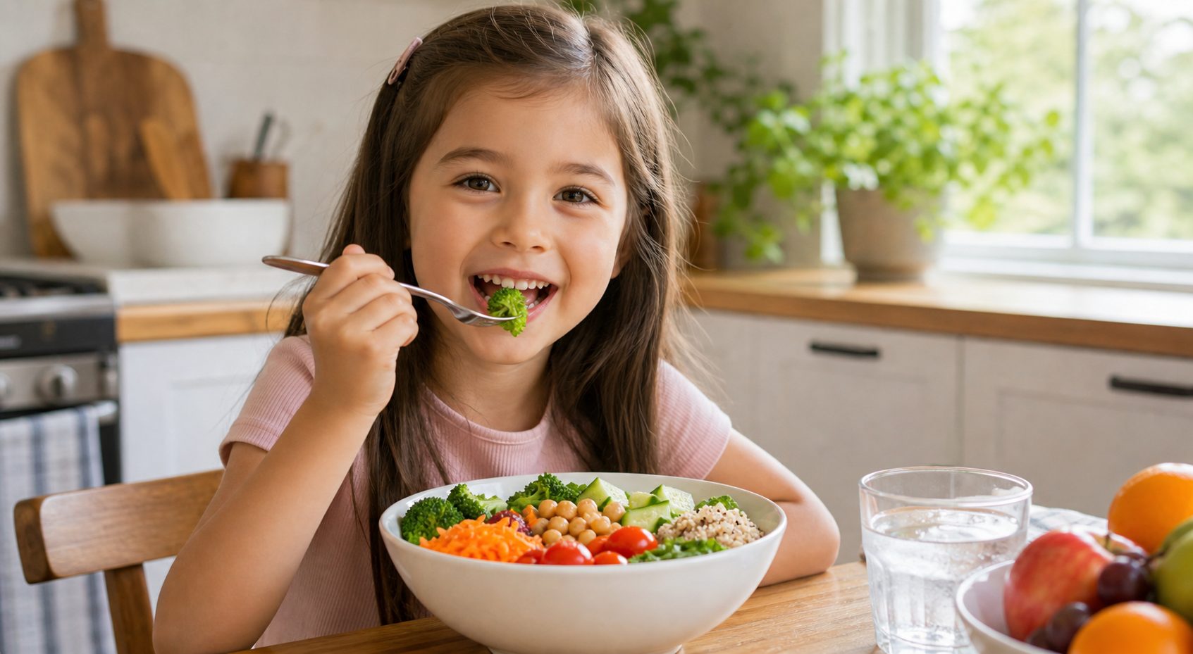 A little girl eating a colorful vegetable bowl at the kitchen table